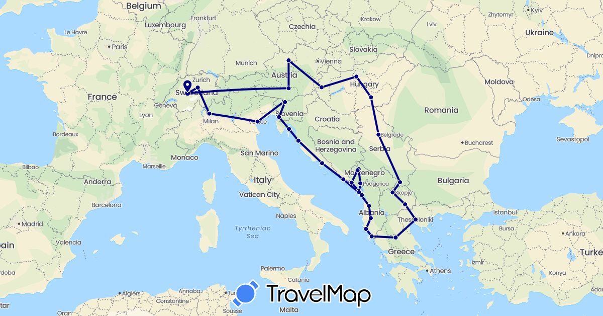 TravelMap itinerary: driving in Albania, Austria, Switzerland, Greece, Croatia, Hungary, Italy, Montenegro, Macedonia, Serbia, Slovenia (Europe)